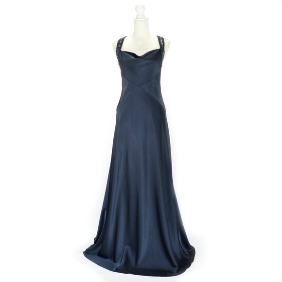 BCBG Deep Blue Draped Beaded A-line Formal Gown - Picture 2 of 8